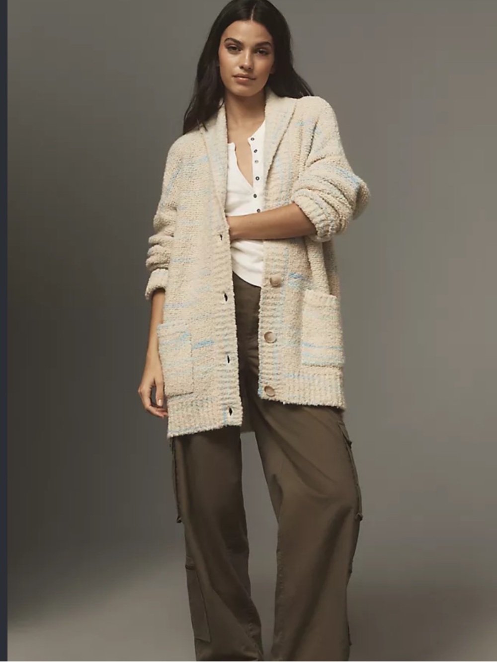 Anthropologie Pilcro Oversized Cardigan Sweater in Cream & Blue Medium